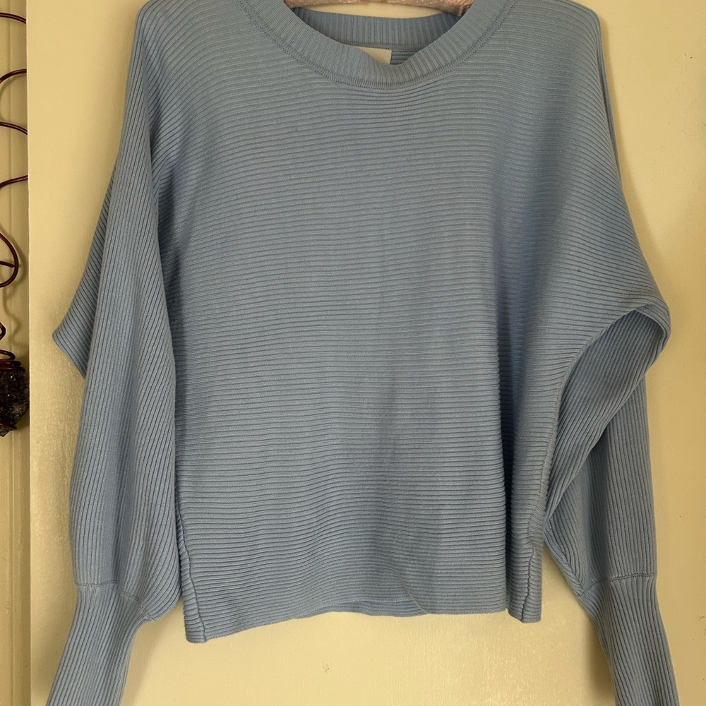 Pink Rose Blue Crew Neck Sweater with Ruffled Sleeves